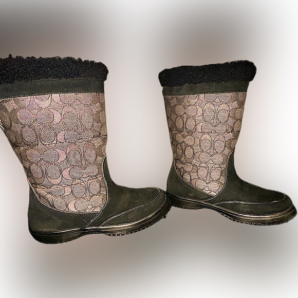 Coach Sherman Winter Boots Fleece Lined Black Suede Logo Print Booties US 5 - Picture 8 of 11
